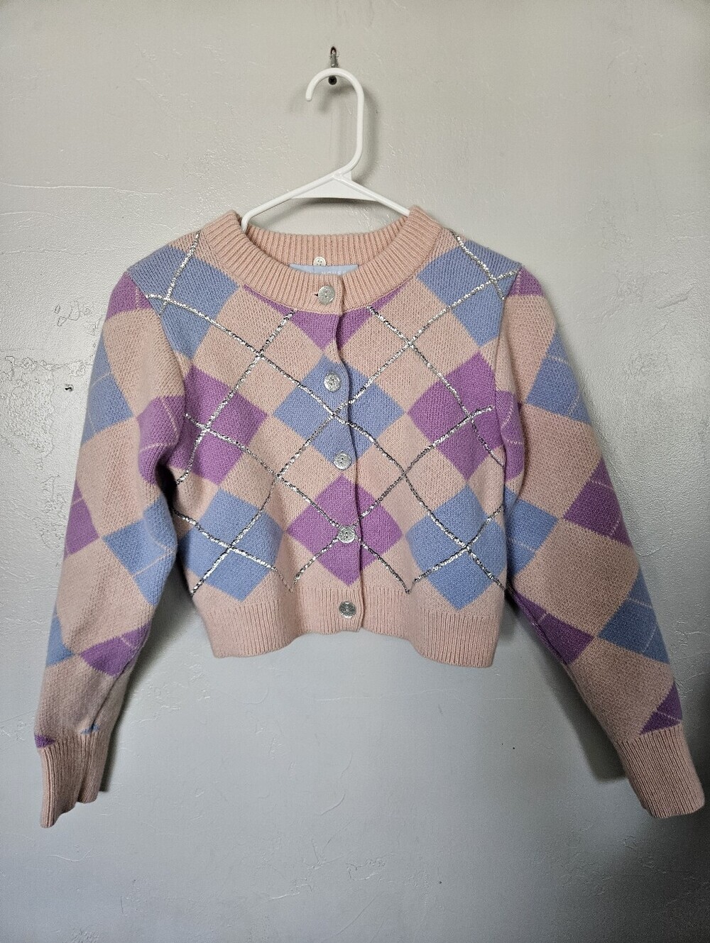 Hill House Pastel Argyle Knit Cardigan Sweater Pink & Lavender Wool Blend Small